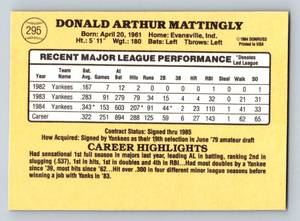 lot 115 image: Don Mattingly 2nd Year Card - 1985 Donruss #295 Vintage Baseball Card