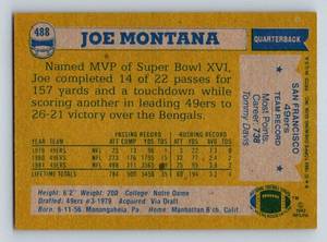 lot 159 image: Joe Montana 2nd Year 1982 Topps #488 Vintage Football Card