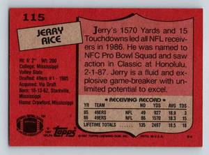 lot 190 image: Jerry Rice 2nd year Card 1987 Topps #115 Vintage Football Card