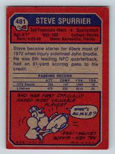 lot 192 image: Steve Spurrier RC 1973 Topps #481 Vintage Rookie Football Card