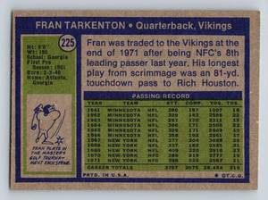 lot 197 image: Fran Tarkenton 1972 Topps #225 Vintage Minnesota Vikings Football Card