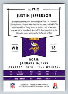 lot 198 image: Justin Jefferson RC 2020 Chronicles #PA-23 Rookie Minnesota Vikings Football Card