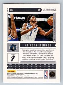 lot 208 image: Anthony Edwards RC Blue SP 2020-21 Chronicles Luminance #143 Rookie Minnesota Timberwolves Basketball Card