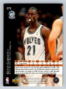 lot 216 image: Kevin Garnett RC 1995 Upper Deck #273 Rookie Minnesota Timberwolves Basketball Card