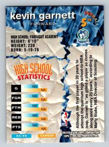 lot 218 image: Kevin Garnett RC 1994-95 Topps Stadium Club Draft Pick #5 Rookie Minnesota Timberwolves Basketball Card