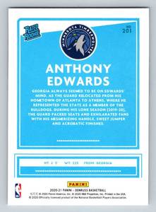 lot 220 image: Anthony Edwards RC 2020-21 Donruss Rated Rookie #201 Minnesota Timberwolves Basketball Card