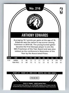 lot 222 image: Anthony Edwards RC 2020-21 Hoops #216 Rookie Minnesota Timberwolves Basketball Card