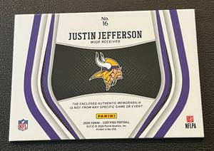 lot 11 image: Justin Jefferson Relic RC - 2020 Certified Next Generation #16, JerseyPatch - Minnesota Vikings Rookie Football Card