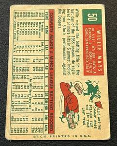 lot 12 image: Willie Mays 1959 Topps #50 - Rare Vintage Baseball Card