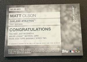 lot 15 image: Matt Olson Relic 25 - VERY RARE 2020 Topps Major League Material #MLM-MO, numbered 0425 jersey patch