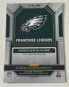 lot 28A image: Donovan McNabb Auto  99 2022 Panini Blue Ice Prizm Franchise Legends, numbered 5199, rare signed football card