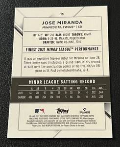 lot 46 image: Jose Miranda RC 2022 Topps Finest #15 Rookie Minnesota Twins Baseball Card