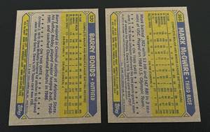 lot 87 image: Barry Bonds and Mark McGwire 1987 Topps RCs #320 and #366 Rookie Baseball Cards, 2 Card Lot