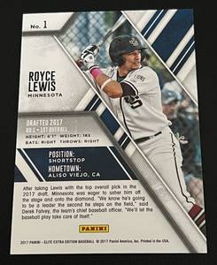 lot 101 image: Royce Lewis Pre-RC 999 - 2017 Elite Extra Edition #1, numbered 011999, Minor League Pre-Rookie Minnesota Twins Baseball Card