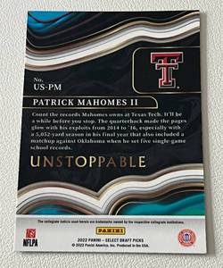 lot 174 image: Patrick Mahomes 2020 Select Draft Picks Unstoppable Insert #US-PM Football Card