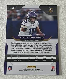 lot 182 image: Justin Jefferson RC 2020 Prizm #398 Rookie Minnesota Vikings Football Card