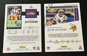 lot 196 image: Justin Jefferson RC 2 Card Lot - 2020 Prestige #267 and Score #430 Rookie Minnesota Vikings Football Cards
