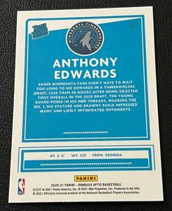 lot 206 image: Anthony Edwards RC 2020-21 Donruss Optic #151 Rated Rookie Minnesota Timberwolves Basketball Card