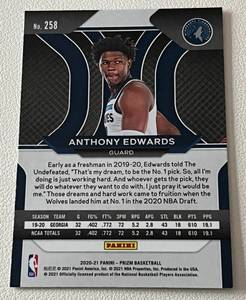 lot 213 image: Anthony Edwards RC 2020-21 Prizm #258 Rookie Minnesota Twins Basketball Card