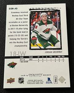 lot 234 image: Jordan Greenway RC 25 - 2018-19 Upper Deck Exquisite Collection #O3R-JG numbered 1725, super rare only 25 made