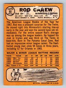 lot 48A image: Rod Carew Rookie Cup, 2nd Year Card - 1968 Topps #80 Vintage Baseball Card, poor condition