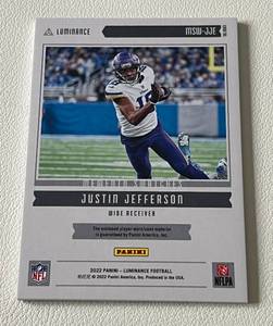 lot 8A image: Justin Jefferson Jersey Relic 49 - 2022 Luminance Memento Swatches #MSW-JJE, rare numbered 3049 Minnesota Vikings Football Card