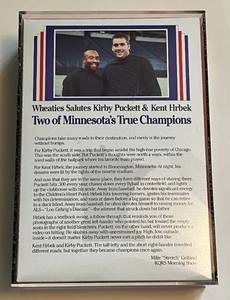 lot 296 image: Minnesota Twins 1991 World Series Champions Wheaties Box in Case - Kirby Puckett and Kent Hrbek