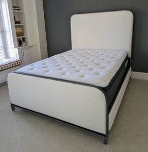 lot 110 image: Custom Upholstered Queen Size American Iron Baldwin Bed Frame