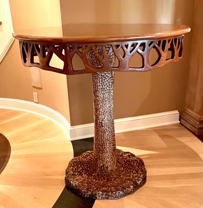 lot 56 image: Elegant Pedestal Myrtle Burl Table with Scalloped Edge Design