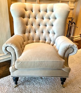lot 58 image: E. J. Victor Plush Upholstered Tufted Armchair with Ottoman