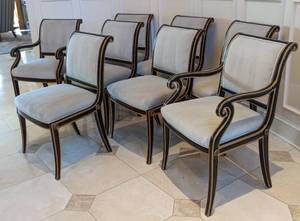 lot 7 image: Set of 10 Beautiful Neo Classical Style Blue Gray Upholstered Dining Chairs