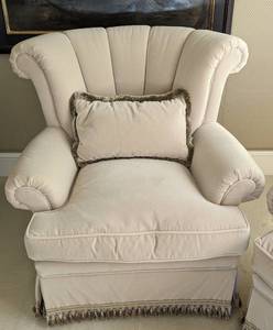 lot 126 image: Pair of Custom Upholstered Taupe Armchairs with Beaded Accents