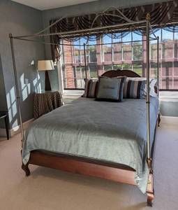 lot 143A image: Queen Size Ethan Allen Canopy Bed and Pottery Barn Linens