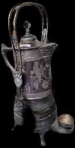 lot 50 image: Ornate Silver Plate Coffee Maker by Rockford - Owned by the Creator of the Pacemaker, for a 25th Anniversary in 1884, Number 412 on the bottom