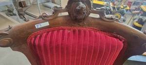 lot 57 image: Pair of Ornate Red Velvet Cushioned Chairs with a Princess Figure Carved on the back of the chair and a Bombay Company Small folding Table