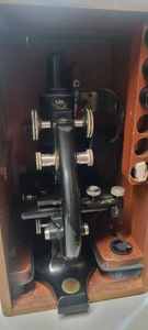 lot 161 image: Vintage Brass and Iron Microscope in Wooden Case