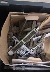 lot 188 image: Box of Vintage Hand Tools and an Air Impact Gun