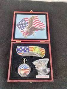 NEW Eagle Collectible Knife with Pocket Watch and Wooden Display Case