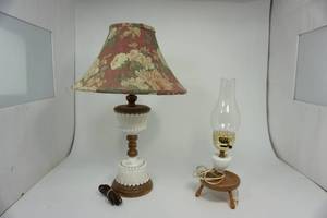 Two Electric Wood & Milkglass Table Lamps