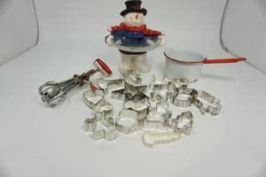 Vintage Hand Held Egg Beater-Snowman Candy Or Cookie Dish-Vintage Enamelware 1 Qt. Dish Pan-Collection Of Cookie Cutters