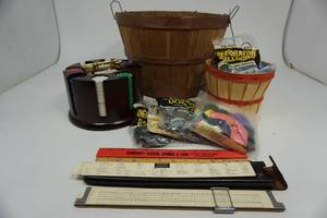 Poker Chips In Container-Wooden Brown Basket-Cream & Red Basket Filled With Decorating Balloons-4 Rulers