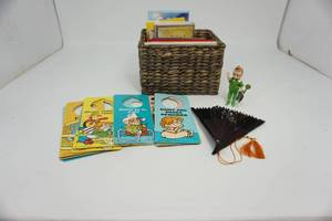 Black Cloth Fan-Door Knob Holders-Wicker Basket Filled W Greeting Cards, ETC.