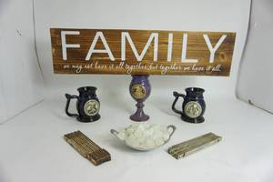 Two 995 Renaissance Drinking Cups-2002 Renaissance Wine Goblet-Vintage 1950s-1960s Wood Folding Ruler-Crocodile Brand Super Aluminum Pan W Handles Filled WithNatural Crystal Aqua Marine Raw Stone