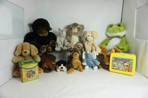 Lot Filled W Stuffed Animals-Garfield Lunch Box W Matching Thermos & Lid-Jack n The Box By Bolz Trademark-Two Wire Racks To Display Items On