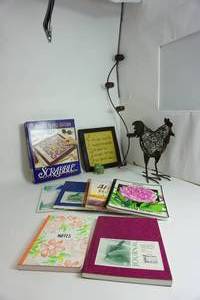 Deluxe Travel Edition Scrabble Game-Six Notebooks Journal-Framed Sign-Wire Decorative Rooster-Black Votive Light Article