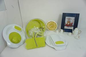 Blue Framed Picture-Miniature Tea Or Coffee Set-Electric Sunbeam Wall Clock-Mega Chef 10 in 1 Multi Use Salad Spinning,Slicer,Dicer & Chopper