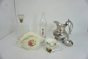 Glass Liquor Container-KIST Beverage Bottle-Alaska Coffee Cup-Silver Gravy Container WServing Gravy Ladle-White Ceramic Basket Vasse Planter Container WUpraise Flowers On Front