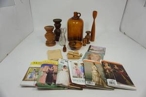 Six Patterns (McCalls & Simplicity)-Two Musical CDs-Wood Samples-Wooden Candle Holders-Vintage One Gallon Amber Glass Jug