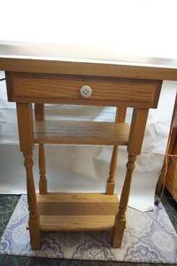 Wooden End Table W Two Shelves & Small Drawer In It