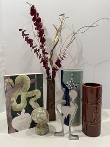 lot 34 image: Home Decor items Green & Brown, Alabaster Owl Sculpture, Asain Vases and More